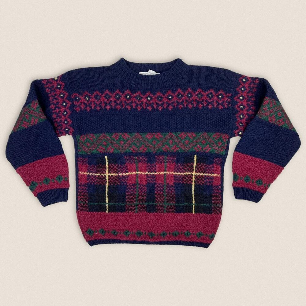 Vintage Sweater Wool Plaid fair isle Michelle Stuart hand knit Large Women